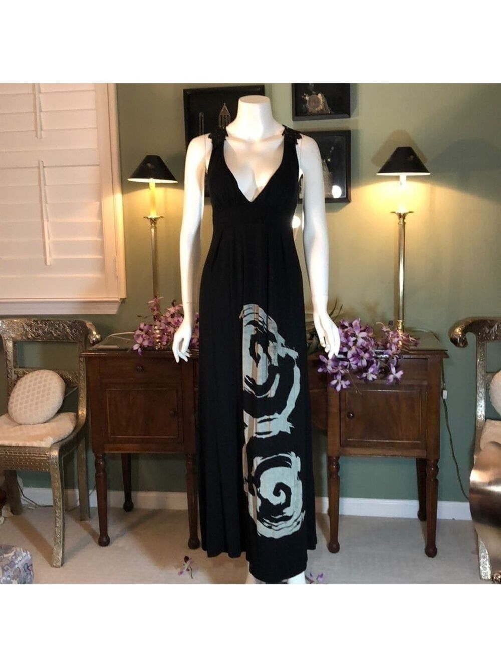 𝅺GUC-Pretty Good Graphic Rose Print Intricate LaceBack Deep V-Neck Maxi Dress S